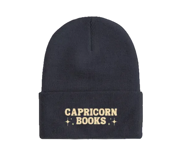 Navy beanie with 'Capricorn Books' text in tan