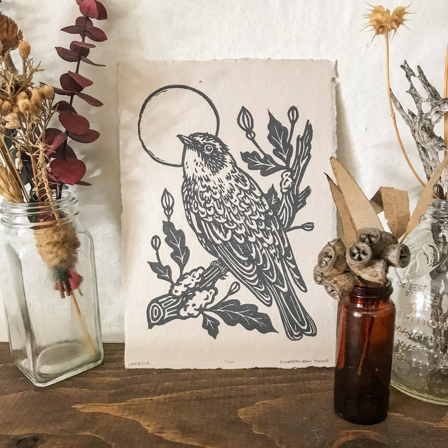 Warbler & Poppies Handprinted Linocut on Handmade Paper 5x7"