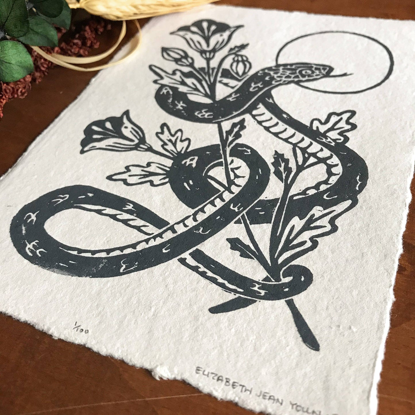 Snake & Poppies Handprinted Linocut on Handmade Paper 5x7"