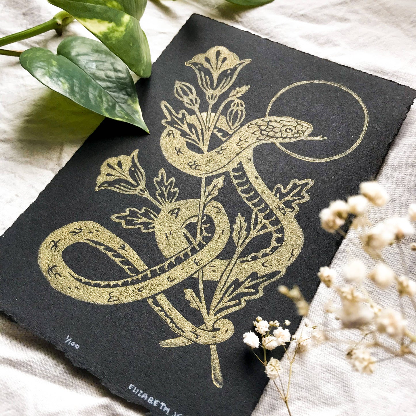 Snake & Poppies Handprinted Linocut on Handmade Paper 5x7"