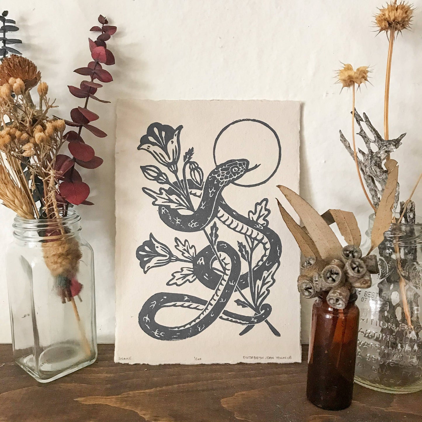 Snake & Poppies Handprinted Linocut on Handmade Paper 5x7"