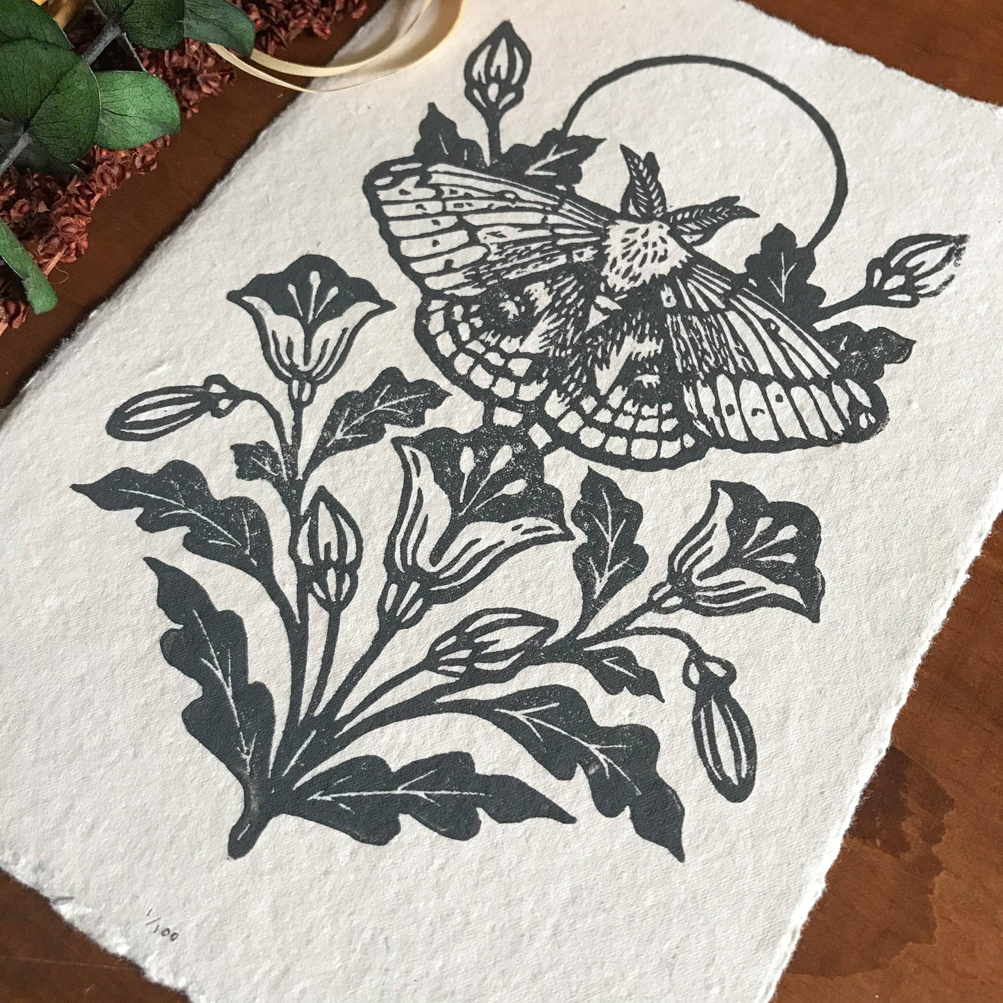 IO Moth & Poppies Handprinted Linocut on Handmade Paper 5x7"