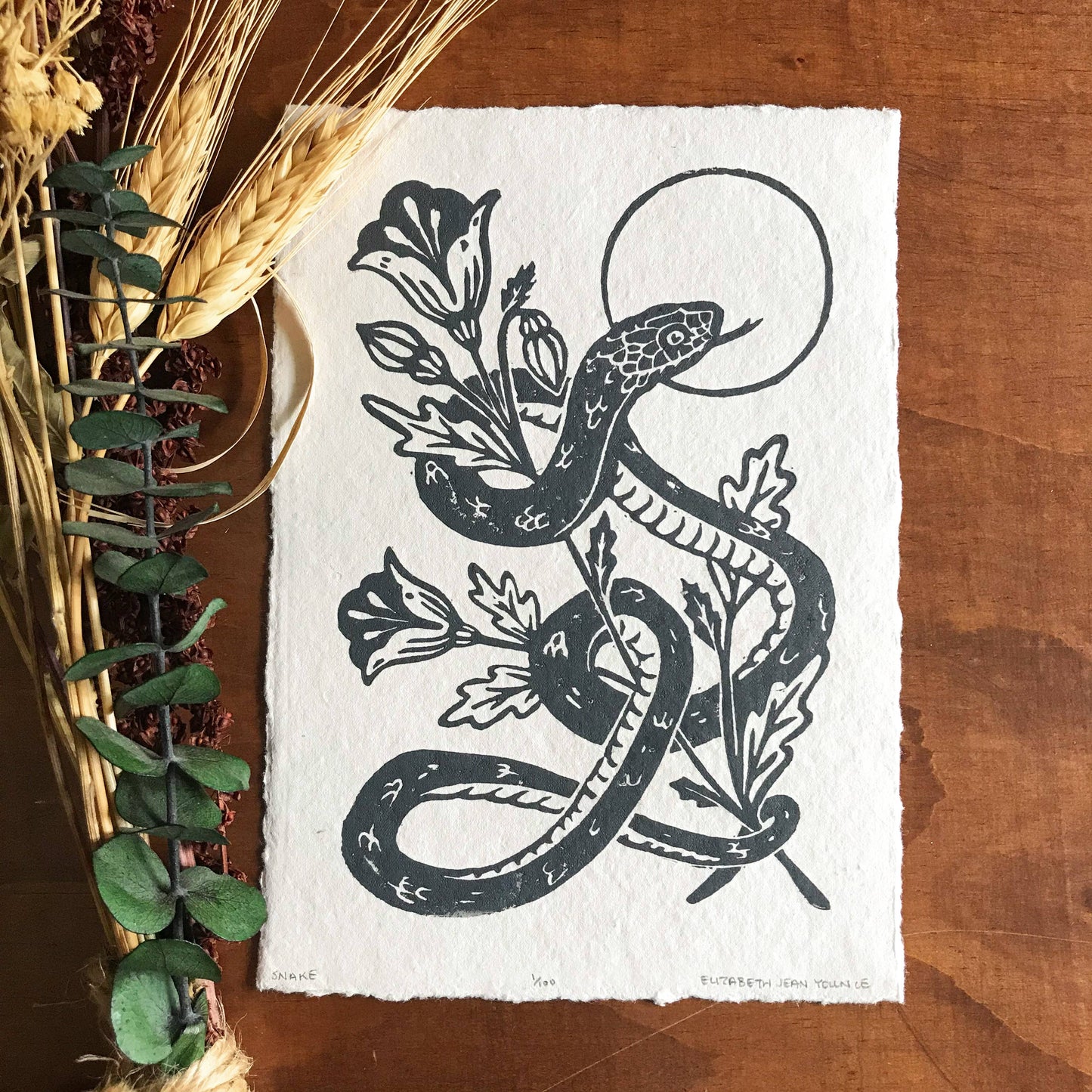 Snake & Poppies Handprinted Linocut on Handmade Paper 5x7"